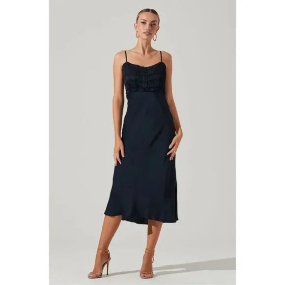ASTR The Label Zola Smocked Satin Midnight Navy Blue Midi Slip Dress Size‎ Small - Picture 1 of 9